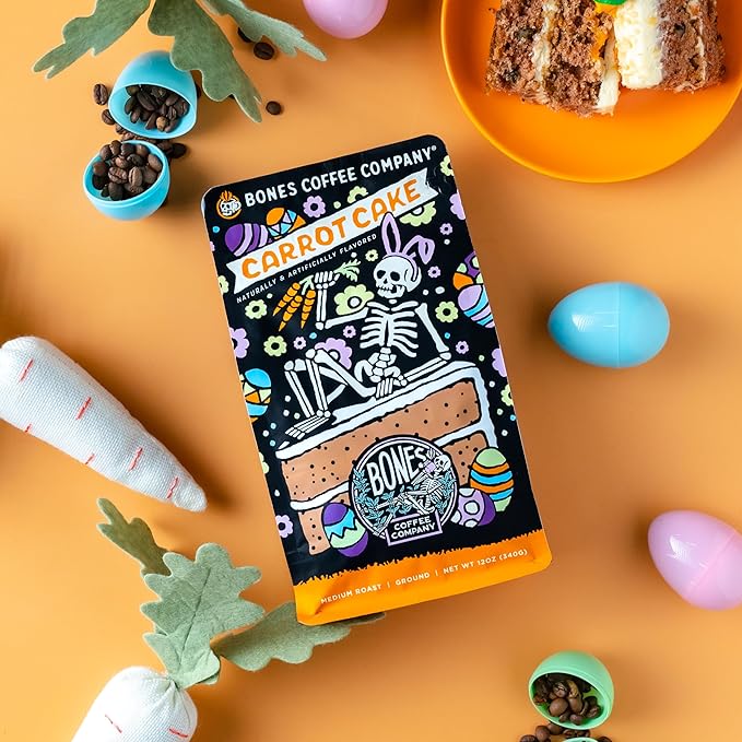Bones Coffee Company Carrot Cake with Sweet Cream Cheese Flavored Coffee, Medium Roast Low Acid Arabica Beans Compatible with Auto drip and French Press Coffee Maker, 12 Oz Whole Bean