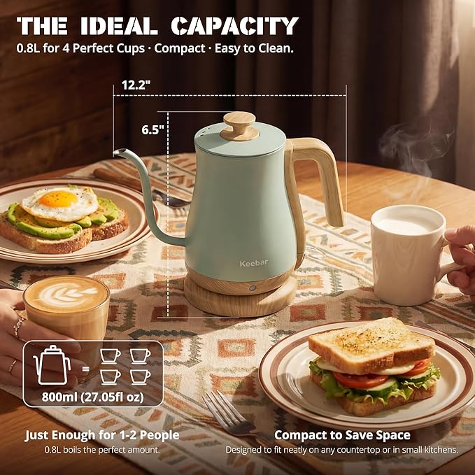 Electric Kettle, Electric Tea Kettle Stainless Steel, Gooseneck Electric Kettle, 1000W Hot Water Kettle Electric Auto Shut Off, 0.8L, Wood-like Grain Finish Handle, Light Green