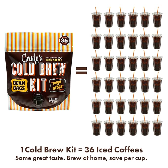 GRADY’S COLD BREW, New Orleans Style, 100% Arabica Ground Coffee & Chicory Pouches, All-in-One Cold Brew Kit with 12 Easy-to-Brew Beans Bags, Makes 36 drinks