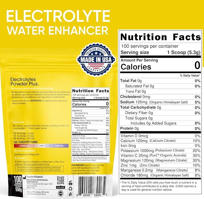 PowderVitamin Electrolytes Powder Plus (100 Servings) Orange Pineapple Electrolyte Powder Zero Calorie, Keto, 0 Sugar, No Maltodextrin,1000mg Potassium,120mg Calcium,120mg Magnesium, Hydration Powder