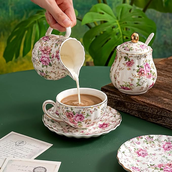 Tea Cup and Saucers, 6.4oz Floral Tea Cups with Gold Trim, Porcelain Teacup, Coffee Cappuccino Espresso Latte Mugs for Party Birthday,Party Cafe Home, Christmas Gift (White)