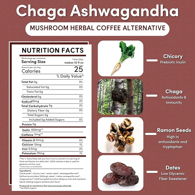 Teeccino Chaga Ashwagandha Coffee Alternative - Butterscotch Cream - Organic, Adaptogenic Herbal Mushroom Coffee, Medium Roast, Caffeine Free, Prebiotic, Acid Free, Gluten Free - 10 oz