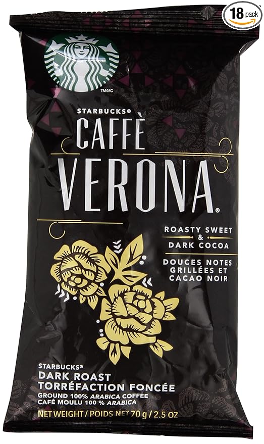 Starbucks SBK11018192 Drip-Brewing Single Pot Portions Caffe Verona Ground Coffee Packets, Dark Roast (Pack of 18)