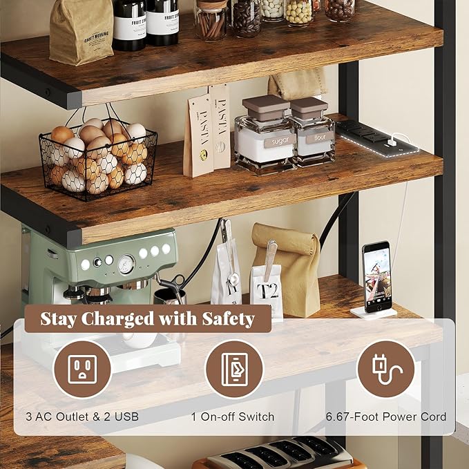 iabifo L-Shaped Bakers Rack with Power Outlet, 6-Tier Microwave Stand with Open Storage, Coffee Bar with Hooks, Mesh Grid, Kitchen Shelf with Wire Basket, Rustic Brown and Black