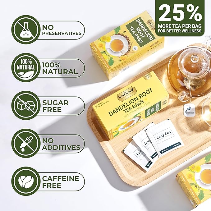 LeafLea 40 Dandelion Root Tea Bags, Dandelion Tea Supports Wellness and a Balanced Lifestyle, Natural Dried Dandelion Root, Vegan, No Sugar, Caffeine-Free