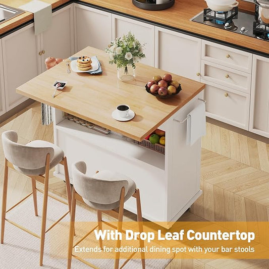 Rolling Kitchen Island with Folding Drop Leaf Breakfast Bar, 35.4'' W Kitchen Cart with Storage Cabinet and 2 Drawers, Portable Mobile Kitchen Island Table with Towel Rack, Lockable Wheels, White