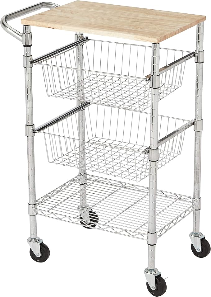 Amazon Basics 3-Tier Metal Basket Rolling Utility Cart with Wood Top, Kitchen Storage Organizer, Portable, Silver