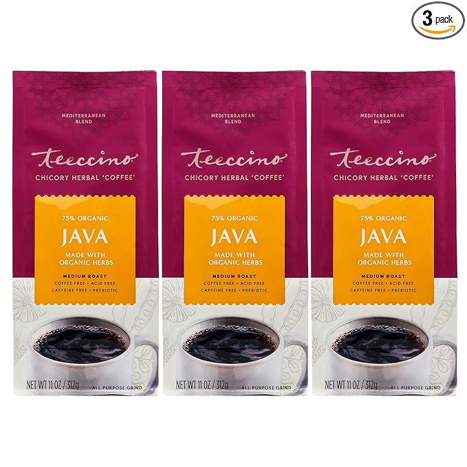 Teeccino Java Chicory Coffee Alternative - 11 Ounce - Ground Herbal Coffee That’s Prebiotic, Caffeine Free & Acid Free, Medium Roast, (Pack of 3)