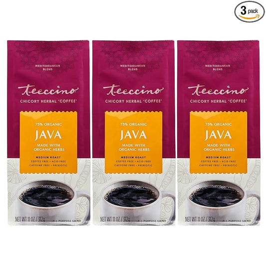 Teeccino Java Chicory Coffee Alternative - 11 Ounce - Ground Herbal Coffee That’s Prebiotic, Caffeine Free & Acid Free, Medium Roast, (Pack of 3)