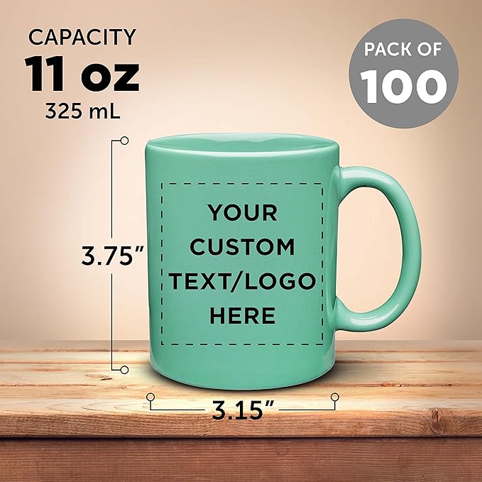 Custom Ceramic Coffee Mugs 11 oz. Set of 100, Personalized Bulk Pack - Coffee cup set, Iced coffee cup, Gaming mug - Teal