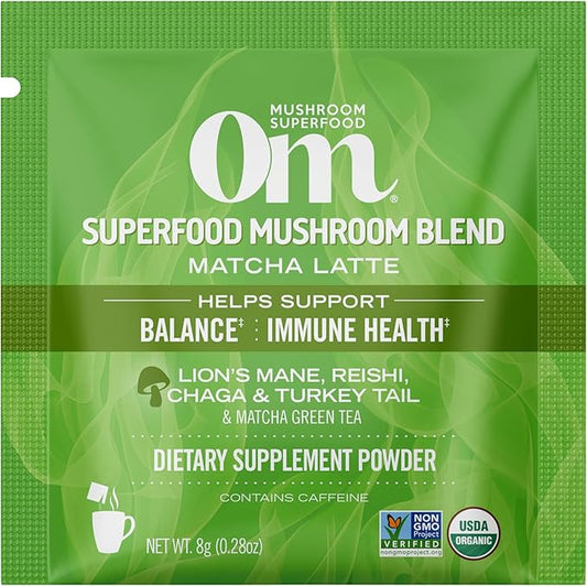OM MUSHROOM SUPERFOOD Matcha Latte Blend – Green Tea Mushroom Powder with Lion’s Mane, Reishi, Chaga & Turkey Tail – Focus, Calm & Stress Support – Single Serve Packets (10 Count)