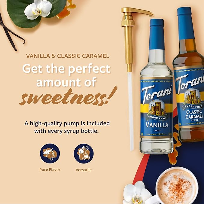 Torani Sugar Free Vanilla Syrup and Sugar Free Classic Caramel Syrup Variety 2-Pack, Coffee Syrups for Drinks, Pumps Included, 25.4 Fl Oz Ea