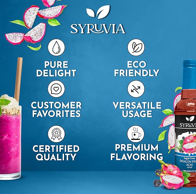 Syruvia Sugar-Free Dragon Fruit Acai Syrup, Flavored Syrup for Drinks, Cocktails, Lemonades, Iced Teas, and Desserts – 25.4 fl oz, With Pump