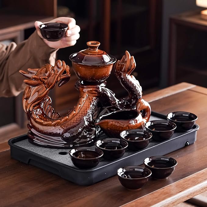 Ceramic Teapot with Infuser Semi Automatic Tea Set Magic Teapot with 8 cups Gradient Color (Yellow Dragon- A)