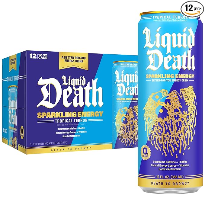 Liquid Death Sparkling Energy - Tropical Terror (Classic Piña Colada), Sugar-Free Energy Drink, Unextreme Caffeine 100mg, Essential Vitamins, 12 Fl Oz (Pack of 12)