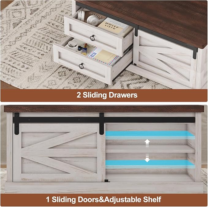 Itaar 39.4'' Lift Top Coffee Table with Storage, Farmhouse Coffee Tables for Living Room, Square Coffee Table with Large Hidden Compartment & 2 Drawers & Adjustable Shelves, White