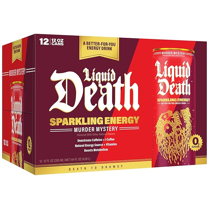 Liquid Death Sparkling Energy - Murder Mystery (Cherry, Cream, Spice), Sugar-Free Energy Drink, Unextreme Caffeine 100mg, Essential Vitamins, 12 Fl Oz (Pack of 12)