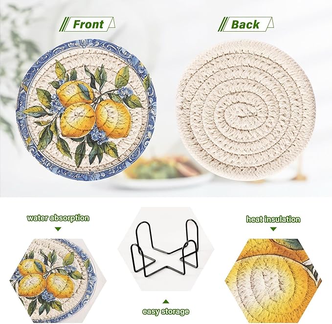 Cup Coasters for Drinks Lemon Italianblue Tile Coasters Set of 6, Absorbent Coaster with Holder Cotton Woven Coaster for Coffee Wooden Table Home Decor