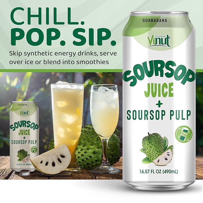 Vinut 100% Soursop Juice With Pulp (16.57 fl oz, Pack 24), No Sugar Added, Real Guanabana Soursop Graviola Drink, Fresh, Natural, Not from Concentrate (NFC)