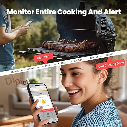 BBQOVN Smart WiFi Wireless Meat Thermometer Unlimited Range 7 NIST Cert.Sensors Accuracy ±0.5°F Sub-1G (10X Stronger than Bluetooth)APP&Digital Base,Monitor for BBQ, Grill,Oven, Smoker(1,Silver,Small)