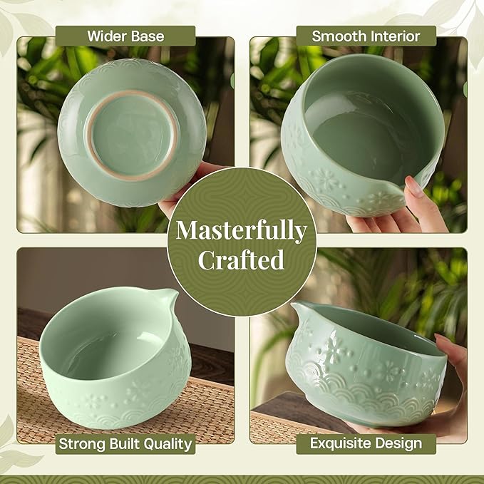 Matcha Whisk Set 9pcs – Matcha Tea Set with Ceramic Matcha Bowl, Bamboo Whisk (Chasen), Scoop, Sifter | Matcha Kit for Japanese Tea Ceremony & Beginners(Green)