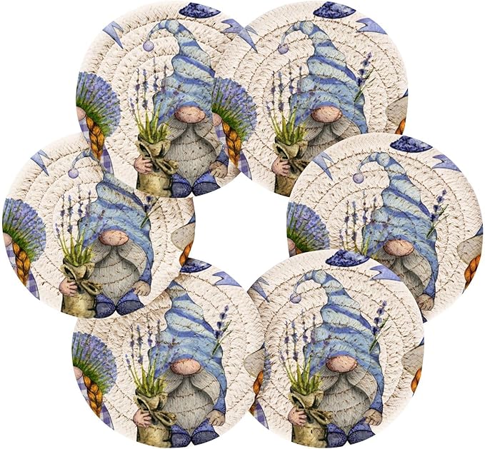 Lavender Gnome Drink Coasters With Holder - Set of 6 Absorbent Decorative Bar Coasters - Cotton Woven for Coffee Table Protection