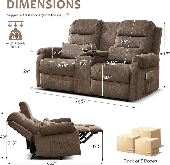 DRMBOOK RV Loveseat Recliner Sofa with Console, Flax Velvet Double Wall Hugger Reclining Couch Manual Home Movie Seating 2 Person Recliner Chair with Cup Holders/Storage/Pocket/Lumbar Pillow, Brown