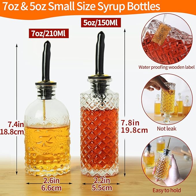 INFTYLE Coffee Syrup Dispenser Bottles Set 6 Pack 7 OZ, Simple Small Glass Syrup Bottles for Coffee Bar with Metal Pour Spout Ideal for Coffee Syrups, Honey