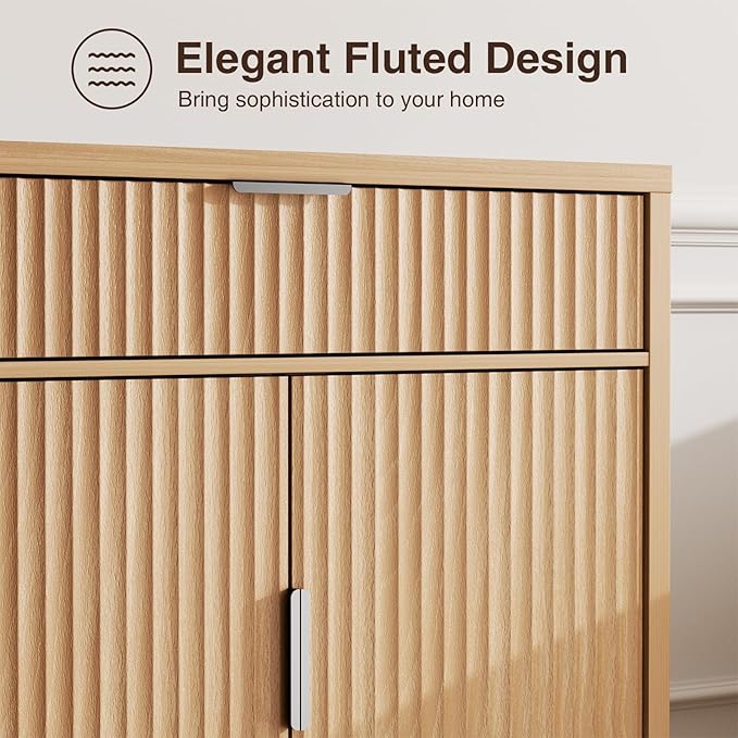 Vabches Fluted Sideboard Buffet Cabinet with Storage, 32" Wide Coffee Bar Console Table with Drawer, Fluted Doors & Adjustable Shelf, Wood Buffet Table for Living Room, Kitchen Dining Room, Oak