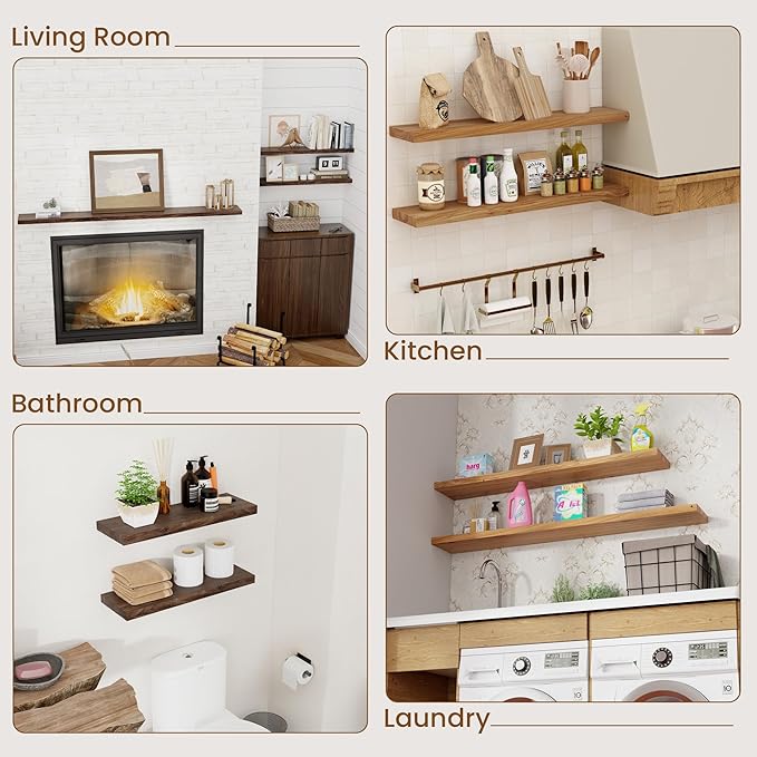 Floating Shelves for Wall Decor, 8" Deep Rustic Solid Elm Wood Floating Shelves Wall Mounted, Wall Shelves with Invisible Bracket for Living Room Bathroom Bedroom Kitchen, 40 Inch Set of 1, Natural