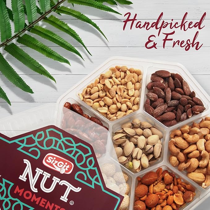 SizGit Nut Gift Baskets, 26oz Mixed Nut Gift Box of 7 Sectional Platter, Ideal Nut Assortment for Holidays, Birthdays, Celebrations, Anniversaries, Corporate Occasions and Everyday Snacking