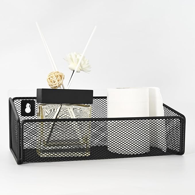 Bathroom Shelf Over Toilet Storage Basket,Toilet Beside Floating Shelf Mesh Metal Wall Mounted Shelves for Home Organization & Decor Essentials,Kitchen/Living Room Shelves (Black)