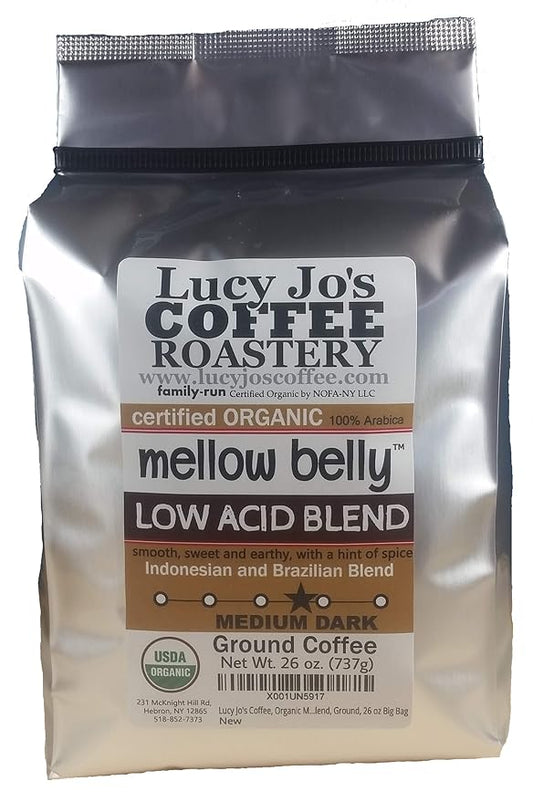 Lucy Jo's Coffee, Organic Mellow Belly Low Acid Blend, Medium Dark Roast, Ground, 26 Oz