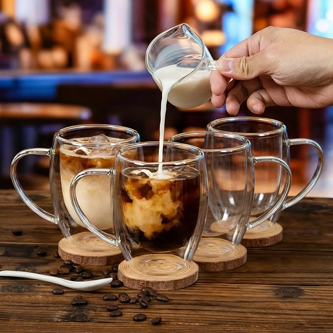 Double Walled Glass Coffee Mugs, Glass Coffee Mugs Set Of 4, Glass Coffee Cups with Handles, 12OZ, Suitable for Cappuccino, Latte, Espresso, Hot Drinks, Cold Drinks