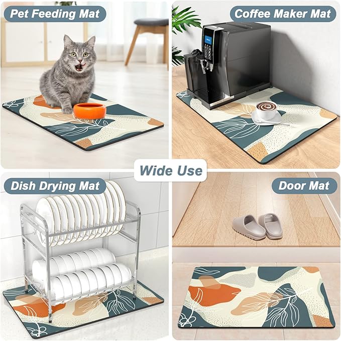 Rnivvi Coffee Mat, 16" x 24" Cute Boho Theme Coffee Bar Mats for Espresso Machine Station Accessories and Organizer, Hide Stain Rubber Backed Absorbent Dish Drying Pad for Kitchen Counter, Leaves