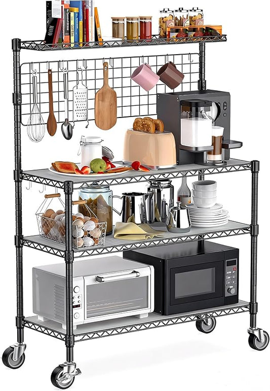 Leteuke Bakers Rack with Storage & Wheels, 42 Inch Microwave Stand Kitchen Shelves, 4-Tier Heavy Duty Storage Rack with 20 S-Hooks, Commercial Metal Utility Kitchen Cart, 42× 18× 63 Inch, Black