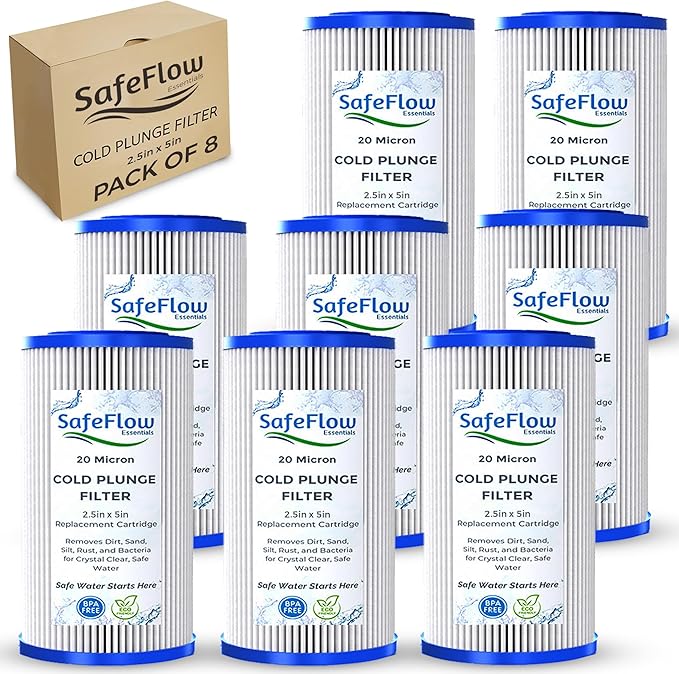 SafeFlow Essentials 5" x 2.5" Cold Plunge Filter 20 Micron – Fits The Pod Ice Cold Plunge Water Chiller, Cold Plunge Filters, and Under Kitchen Sink Systems (8)