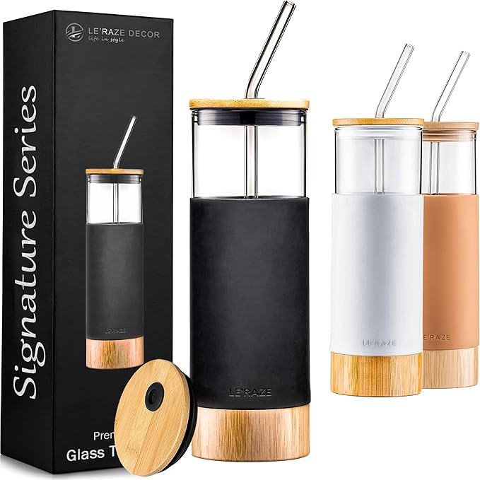 Le'raze Premium 20oz Glass Tumbler Cup Straw Bamboo Lid Base Protective Silicone Sleeve BPA Free Growler Water Bottle Reusable Drinking Glasses Cup for Iced Tea Coffee Smoothie Black