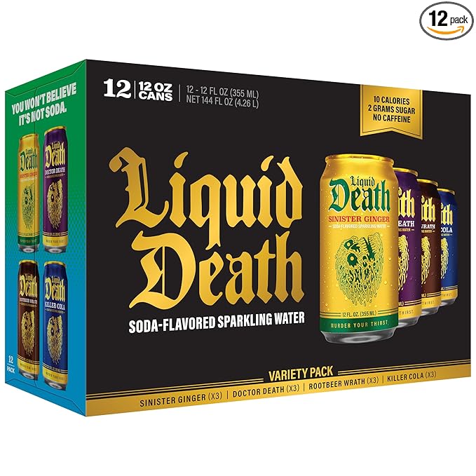 Liquid Death Soda-Flavored Sparkling Water - Classic Variety 2, Less Sugar*, Huge Flavor, No Artificial Sweeteners, 4 Flavors: Sinister Ginger, Doctor Death, Cola, Root Beer, 12 Fl Oz (Pack of 12)