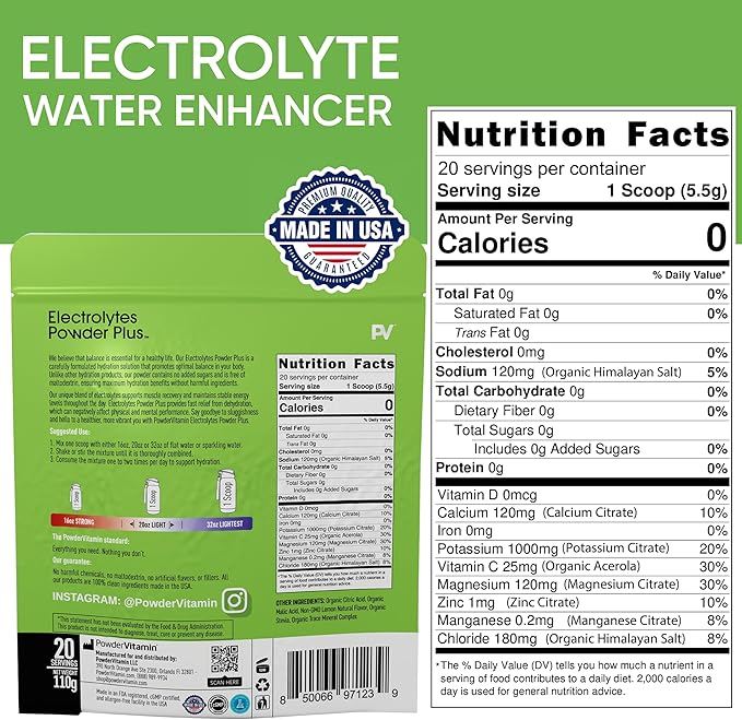PowderVitamin Electrolytes Powder Plus (20 Servings) Lemonade Electrolyte Powder, No Maltodextrin, Keto,Sugar Free,Pink Himalayan Salt,1000mg Potassium,120mg Calcium,120mg Magnesium,Hydration Powder