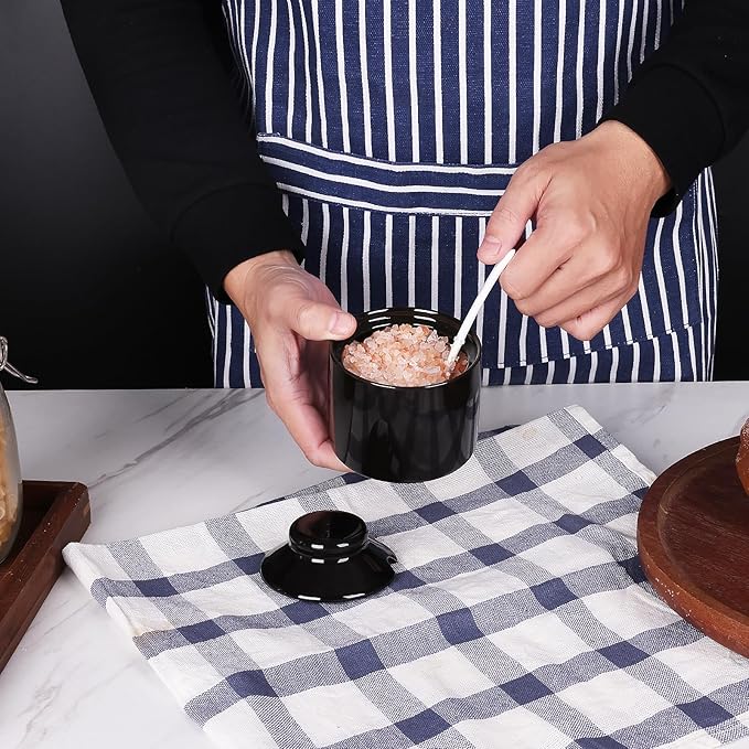 HAOTOP 8 oz Sugar Bowl with Lid and Spoon,Ceramic Sugar Jar Sugar Dispenser Sugar Container Coffee Bar Accessories, Kitchen Countertop Canisters (Black)