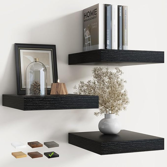 Floating Shelves for Wall with Invisible Brackets, Wall Mounted Engineered Wood Shelves with Wood Grain for Living Room, Bedroom, Bathroom, Kitchen Decor and Storage, Oak, 12"L Set of 3, Black