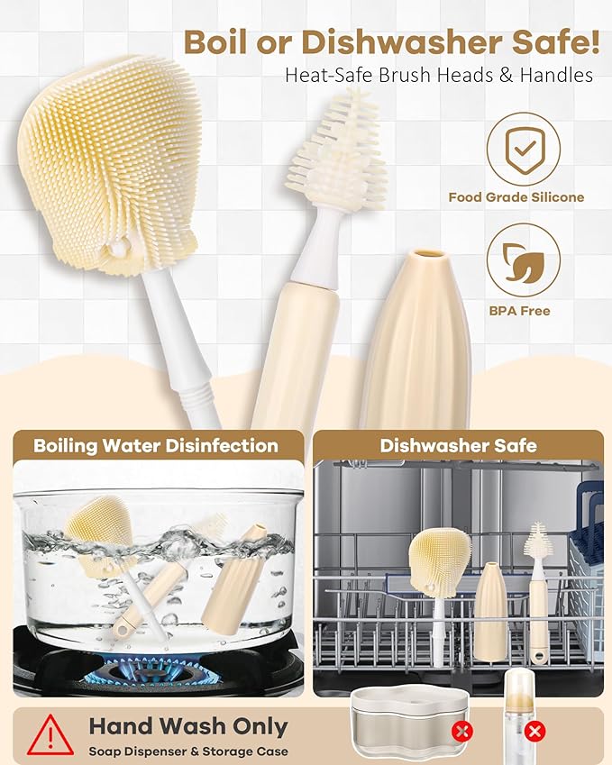XANGNIER Baby Bottle Brush Kit with Press Foaming Dispenser & Drying Rack – Innovative Bottle Cleaner Set for Baby Bottles, Nipples, Breast Pumps, Straws & Baby Accessories，Newborn Essentials