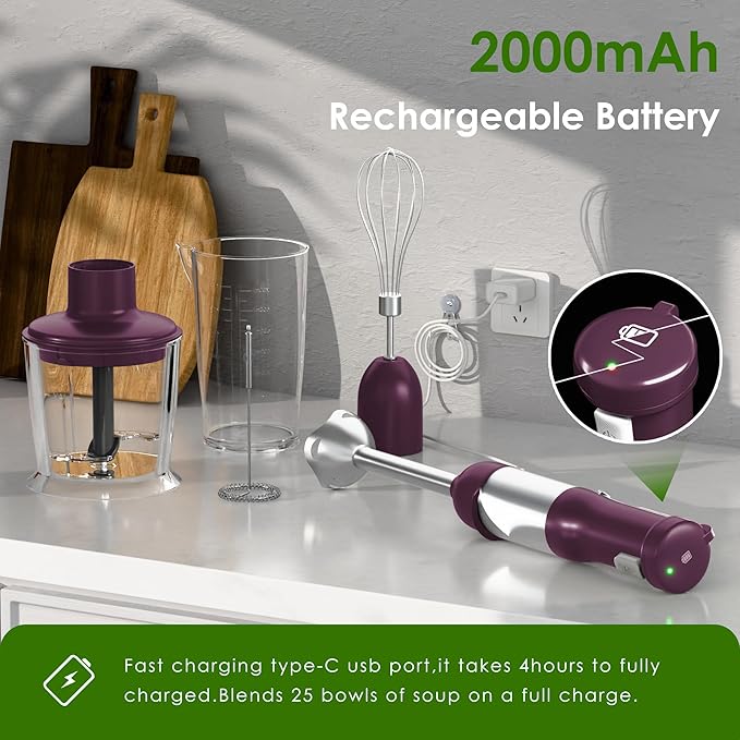 Cordless Immersion Hand Blender, 5-in-1 Variable Speed blender handheld,Rechargeable with 2000mAh Battery, BPA-Free & Dishwasher-Safe Accessories:700ml Beaker,Chopper,Whisk & Milk Frother,Plum