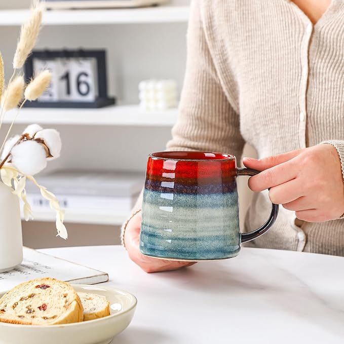 Large Ceramic Coffee Mug, Handmade Pottery Mugs, Tea Cups with Big Handle for Office and Home, 15.5 oz, Dishwasher and Microwave Safe (Ink Red)