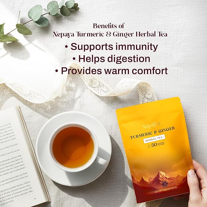 Turmeric Ginger Herbal Tea 50 Count Pyramid Tea Bags From the Himalayas, Caffeine Free, Gluten Free, warm and spicy Taste, biodegradable Tea Bags