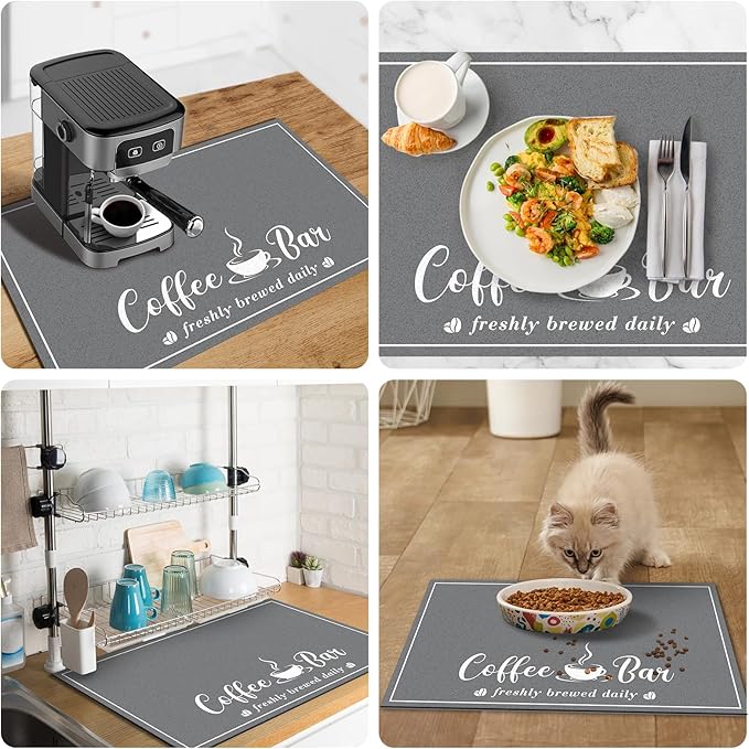 Absorbent Coffee Mat, Fashion Dish Drying Mat for Kitchen Counter Coffee Bar Accessories Espresso Machine Dish Rack 16" x 24" Dark Grey