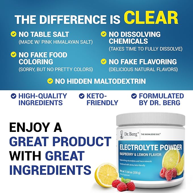 Dr. Berg Zero Sugar Hydration Keto Electrolyte Powder - Enhanced w/ 1000 mg of Potassium & Real Pink Himalayan Salt (NOT Table Salt) - Raspberry & Lemon Flavor Hydration Drink Supplement - 50 Servings
