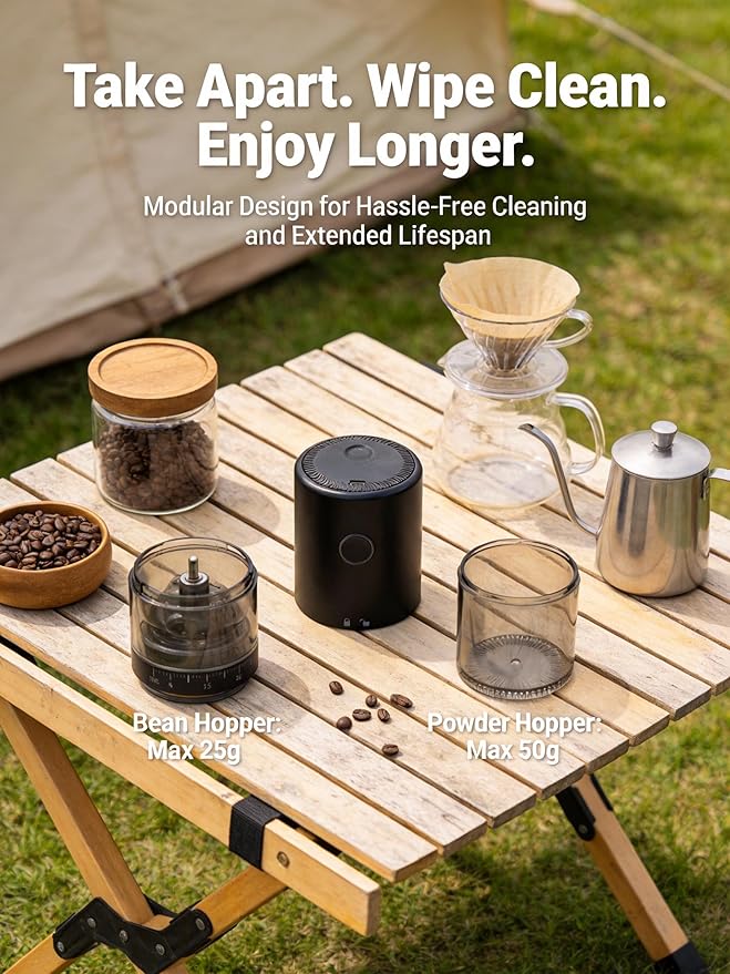 LAMIDO Portable Electric Burr Coffee Grinder - Grind While Charging - Visual Bean Hopper - 38 External Grind Settings - 1.8X Faster Grinding - 2000 mAh Battery for Travel, Camping - Matte Black