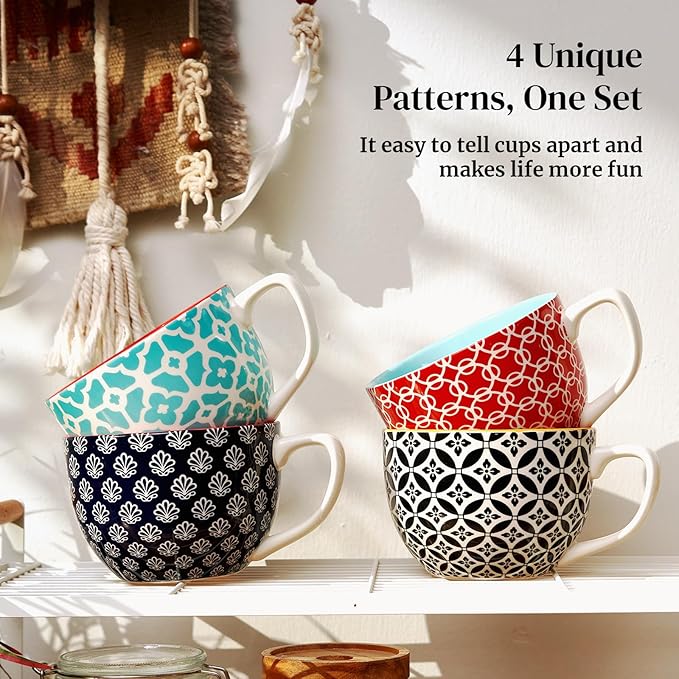 DOWAN Mosaian Soup Mugs, 24oz Large Coffee Mugs Set of 4, Soup Mugs With Handles, Ceramic Mugs for Soup/Coffee/Cereal/Latte, Thanksgiving and Christmas Gifts for Family and Friends